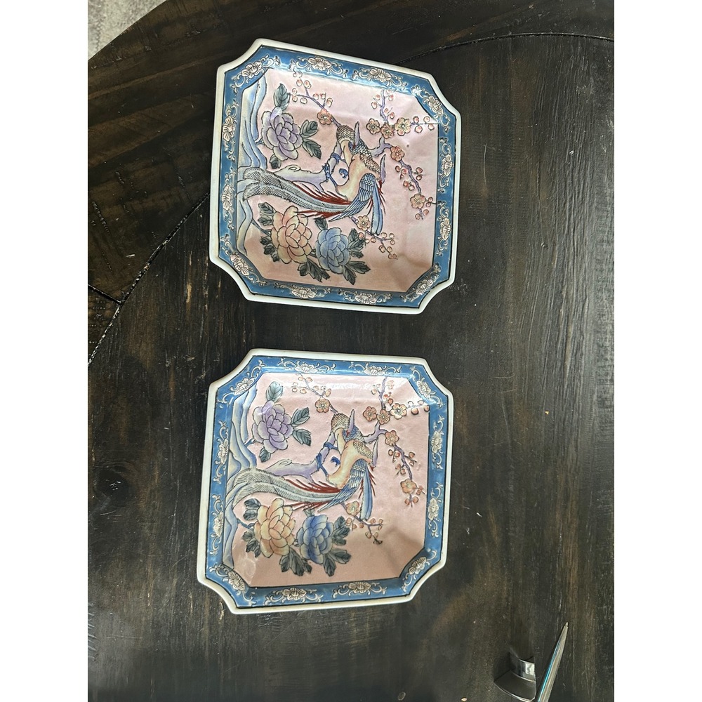 Vintage Macau Porcelain Bird of Paradise Floral Square Decorative Plates Setof2